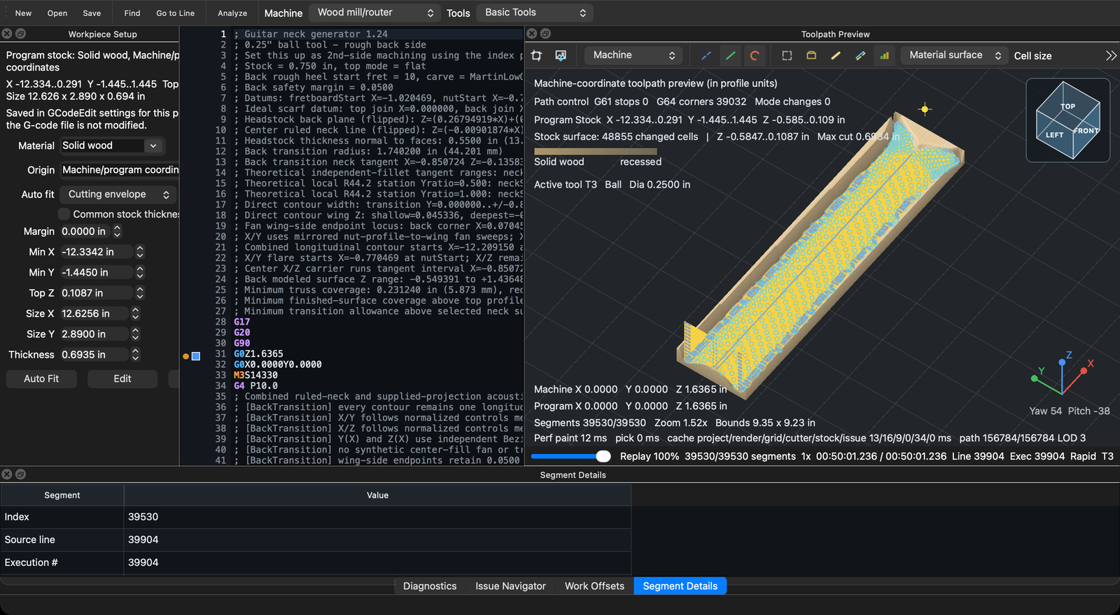 GCodeEdit showing a 3D toolpath rendered over simulated wood stock, beside the G-code editor
