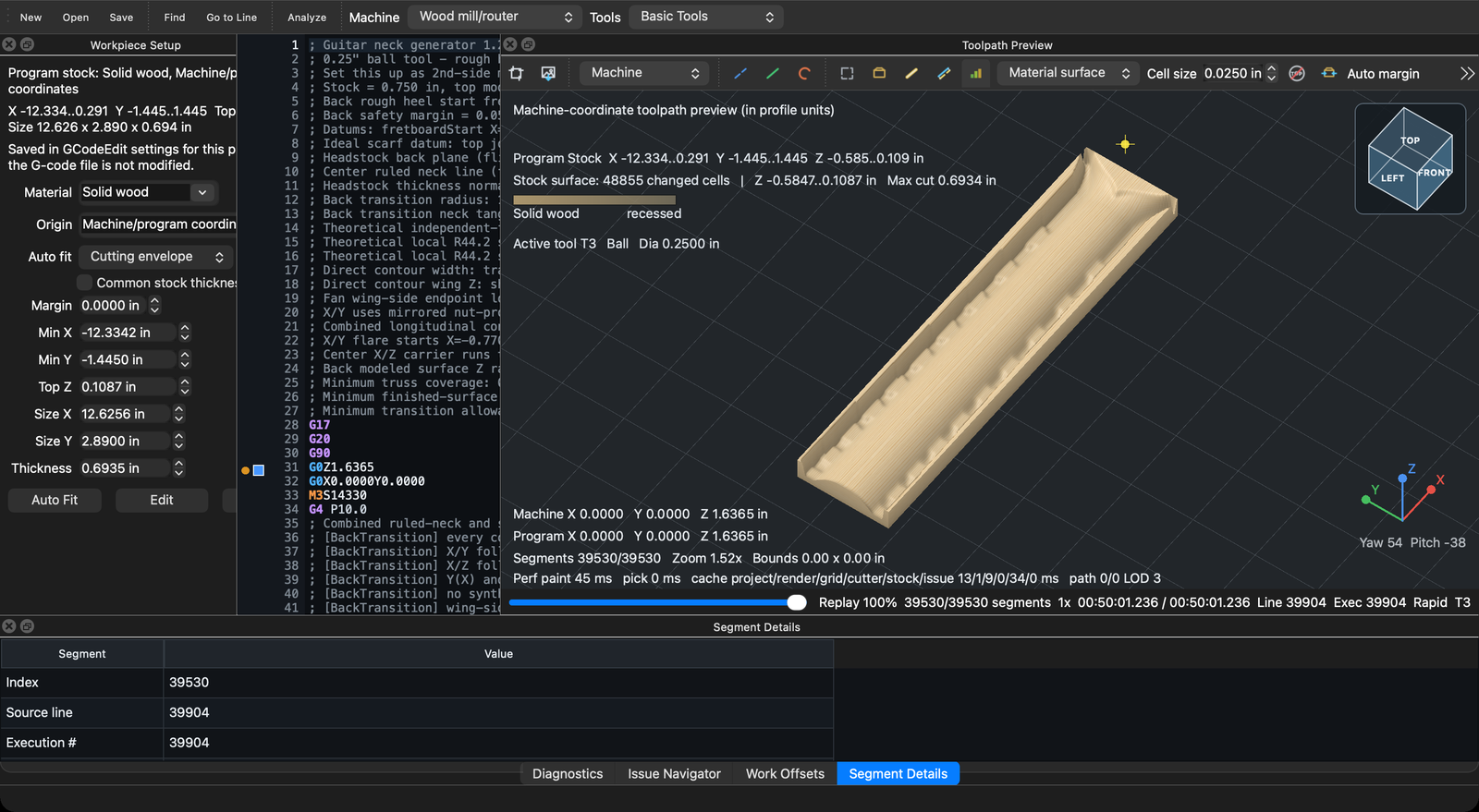 Simulated wood stock with a guitar neck profile machined into it, shown in the 3D preview