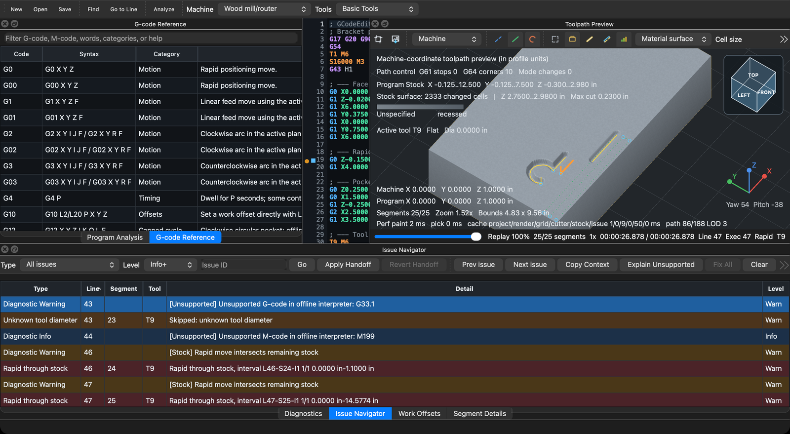 The built-in G-code reference listing commands with syntax and descriptions