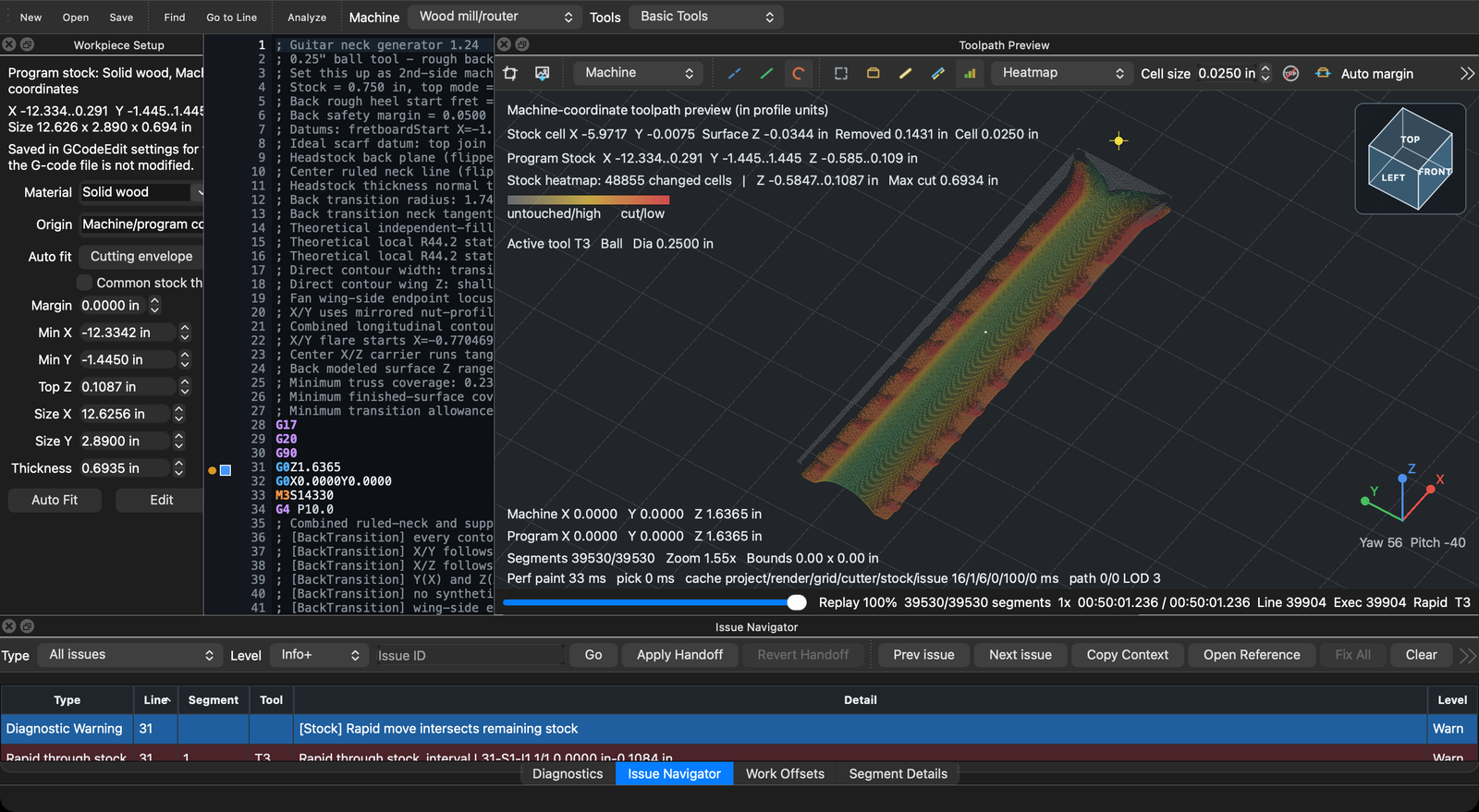 The 3D preview showing simulated stock coloured by cut depth, from untouched down to the deepest cut