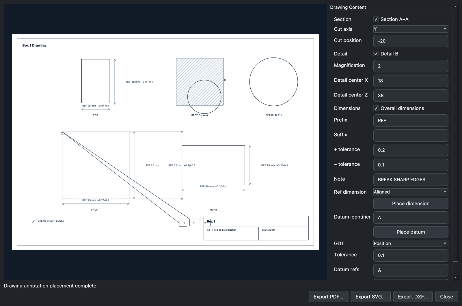 VPath drawing workspace with orthographic, section, and detail views plus dimensions and tolerances