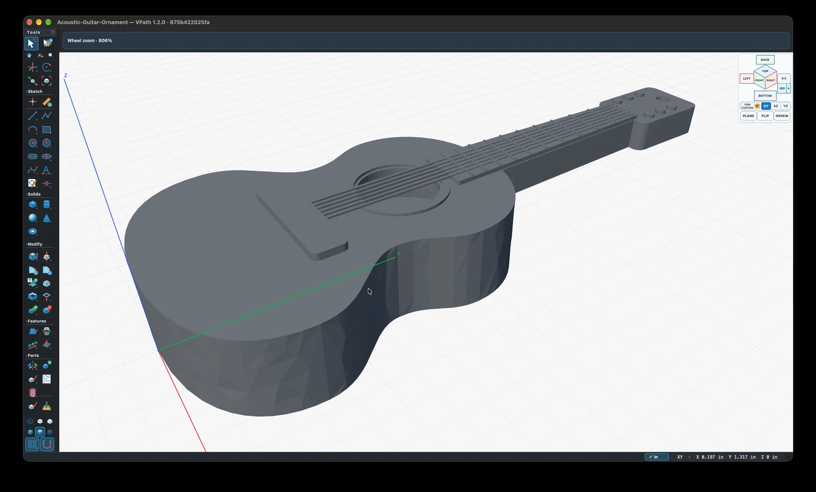 Acoustic guitar ornament solid model with strings, frets, bridge, and sound hole in VPath
