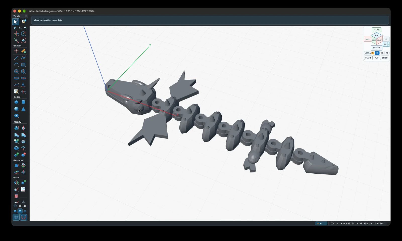 Articulated dragon CAD model with repeated body segments, joint features, and wings in VPath