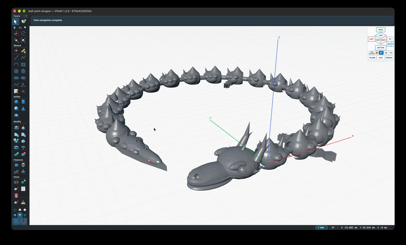 Ball-joint dragon with a curved segmented body, horns, and detailed head modeled in VPath