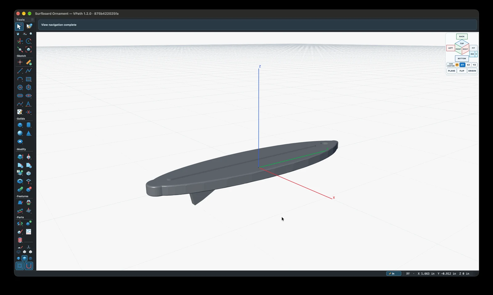 Surfboard ornament solid model with a fin and hanging hole in VPath